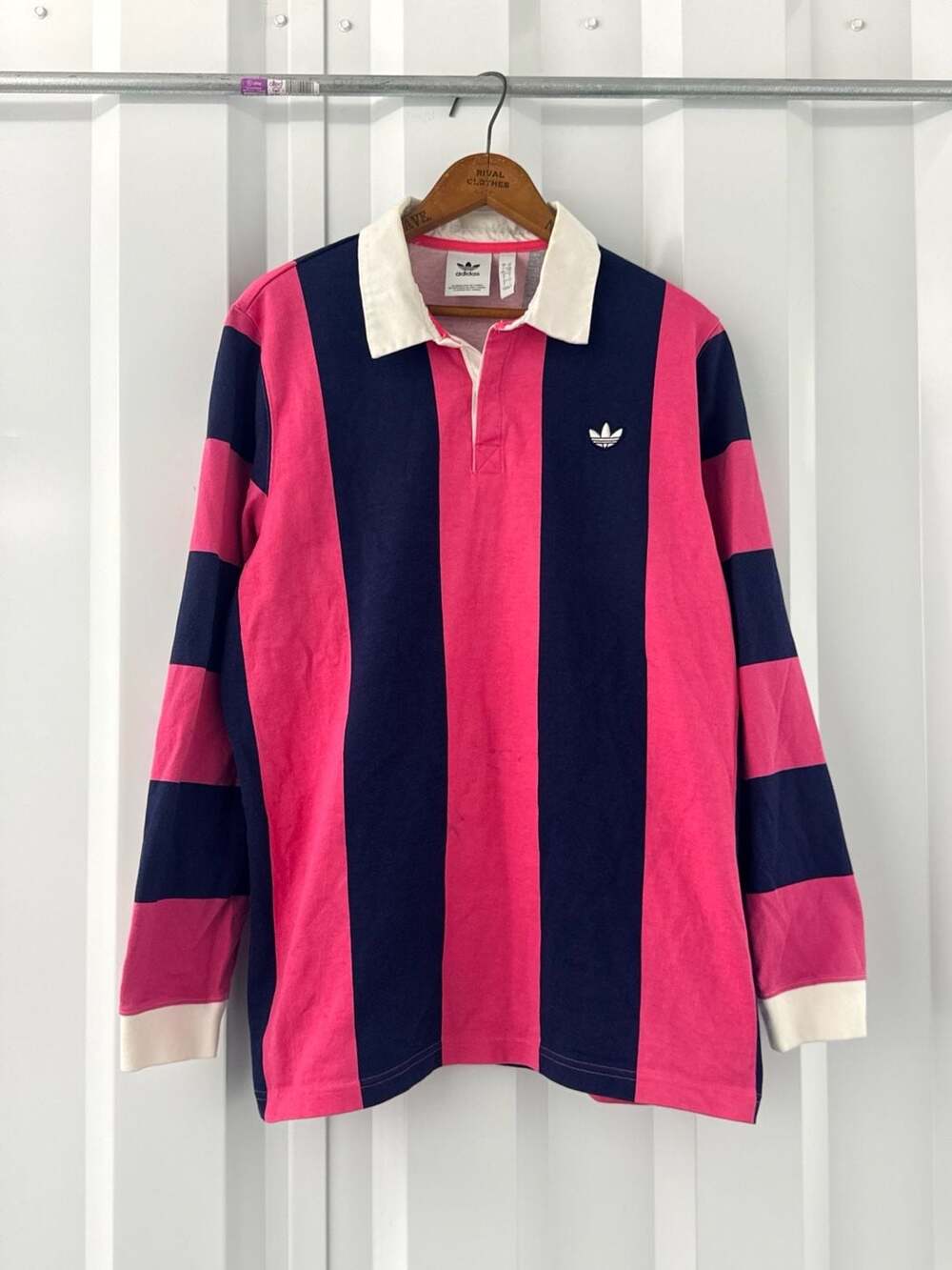 Adidas Originals Rugby Shirt Mens Large Long Sleeve Pink Navy Striped Trefoil